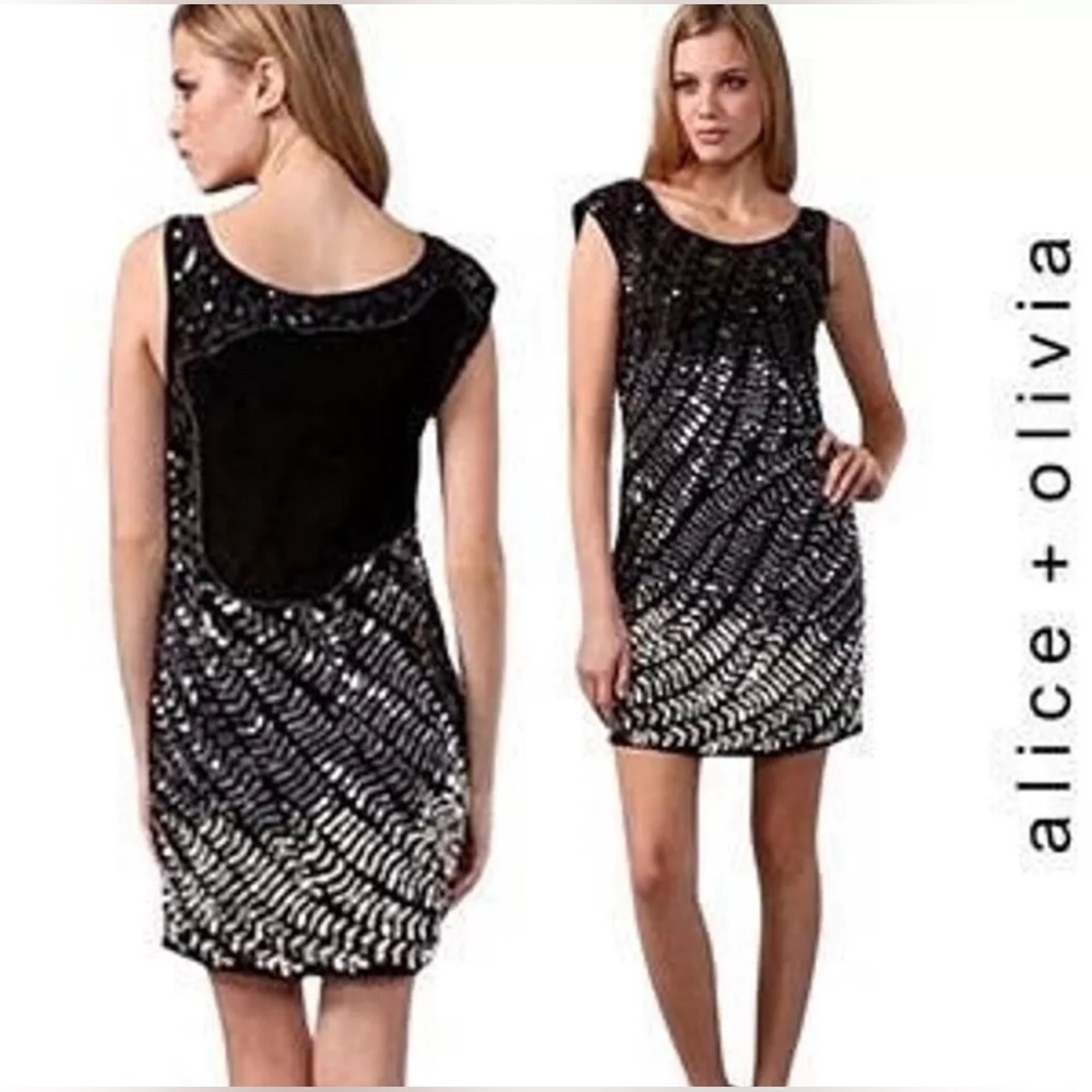 Alice + Olivia Black Sequin Silk Dress Size M Medium Assymetric Sleeves